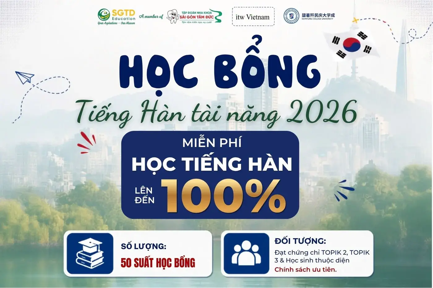 Thông tin học bổng tiếng Hàn tài năng 2026 với 50 suất, miễn phí học tiếng Hàn lên đến 100%