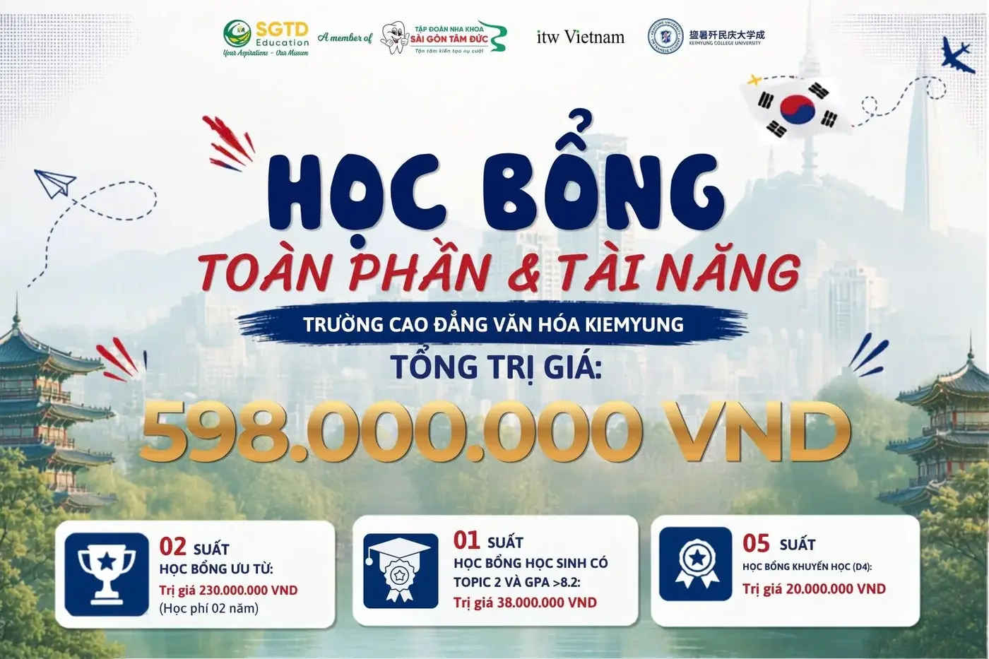 Thông tin gói học bổng toàn phần và tài năng của Trường Cao đẳng Văn hóa Keimyung, tổng trị giá 598.000.000 VND