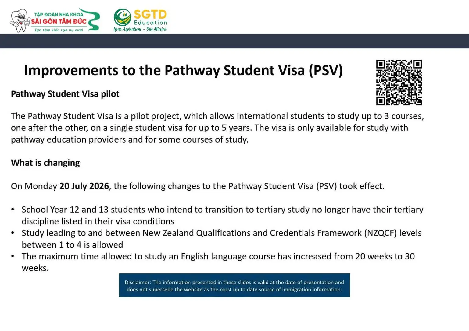 Các điều chỉnh của Pathway Student Visa