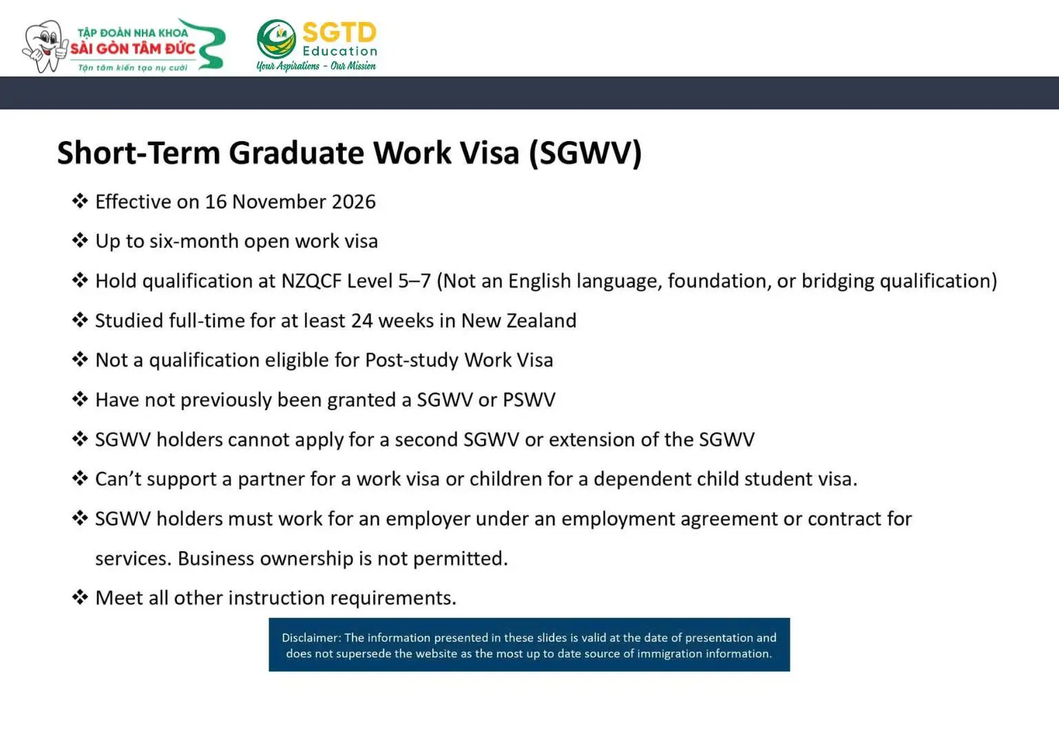 Điều kiện Short-Term Graduate Work Visa – SGWV