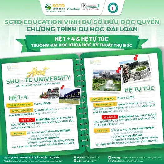 Độc Quyền Chương Trình Du Học Đài Loan Hệ 1 + 4 & Tự Túc – Đại Học Thụ Đức