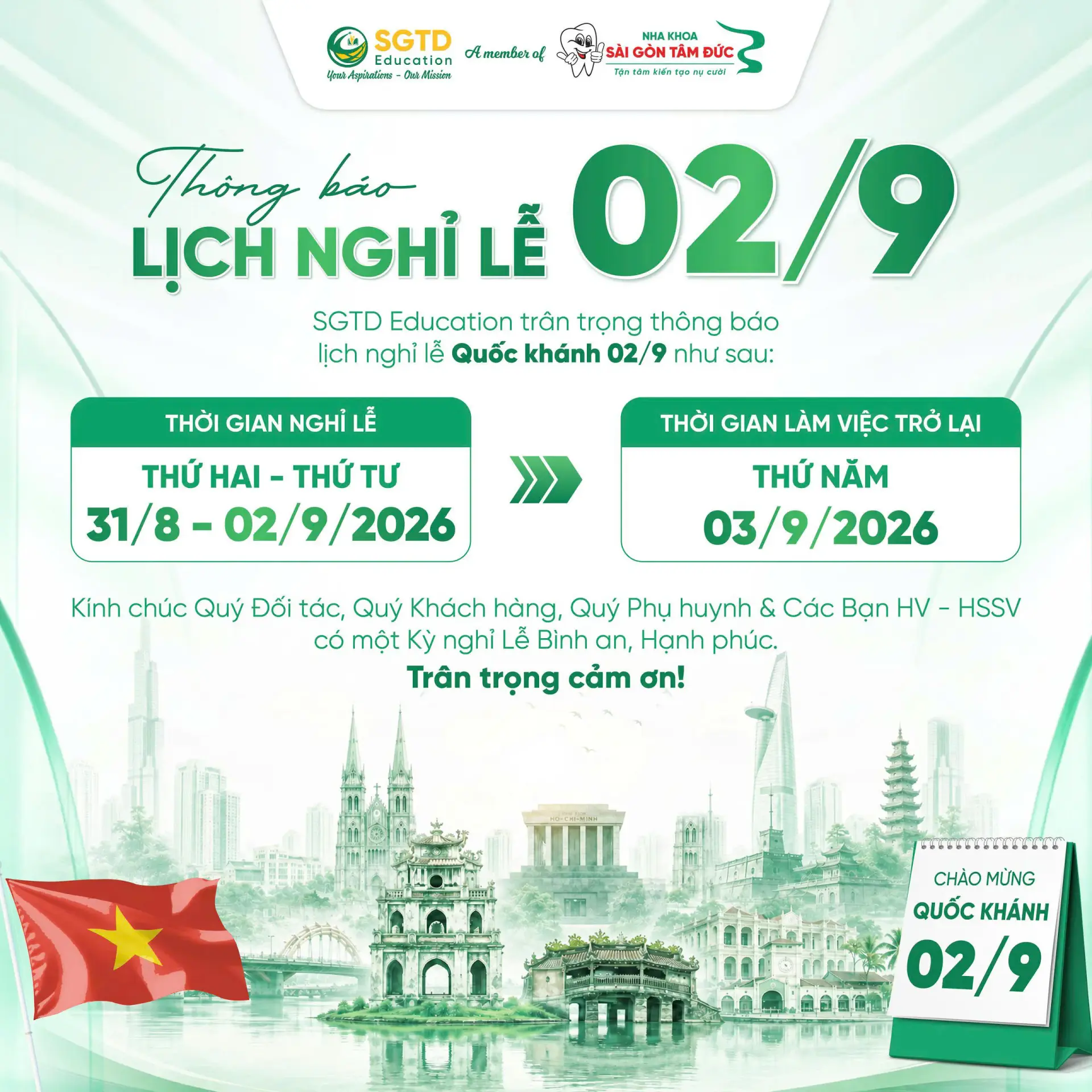 Thông báo lịch nghỉ Lễ Quốc khánh 02/9/2026 của SGTD Education