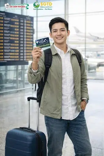 Bạn trẻ Việt Nam cầm thẻ visa tại sân bay, sẵn sàng cho hành trình Work and Holiday tại Úc