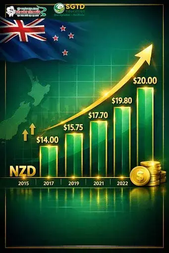 Biểu đồ tăng trưởng mức lương tối thiểu NZD tại New Zealand qua các năm
