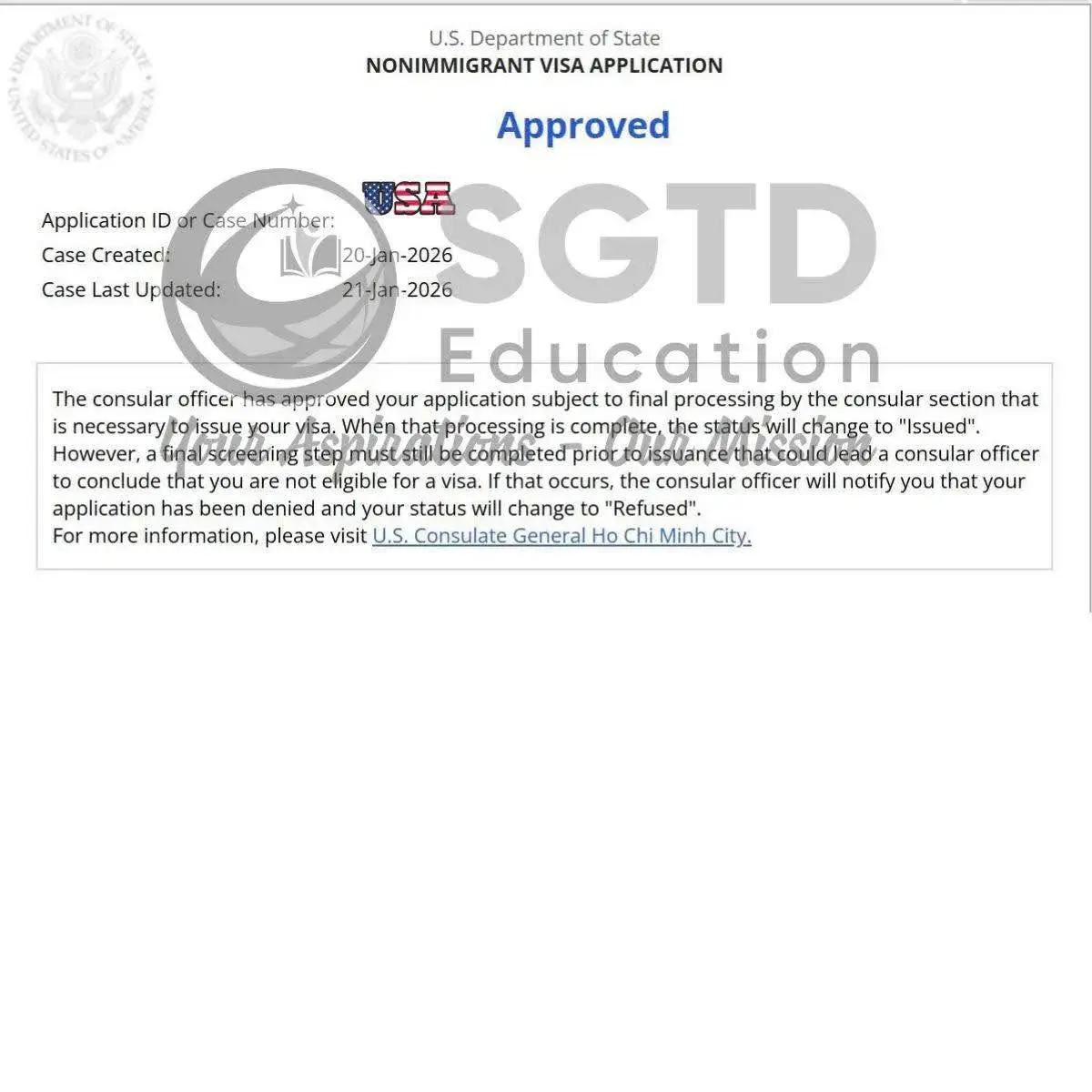 Thư chấp thuận visa — Anh L.M.C đậu visa Mỹ những ngày cận Tết